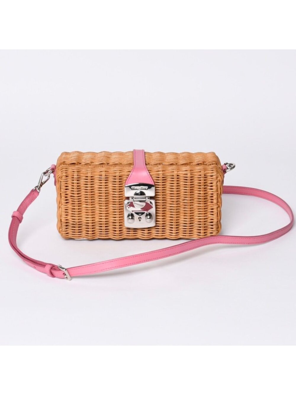 Miu Miu Shoulder Bag Basket Rattan Pink Brown Silver